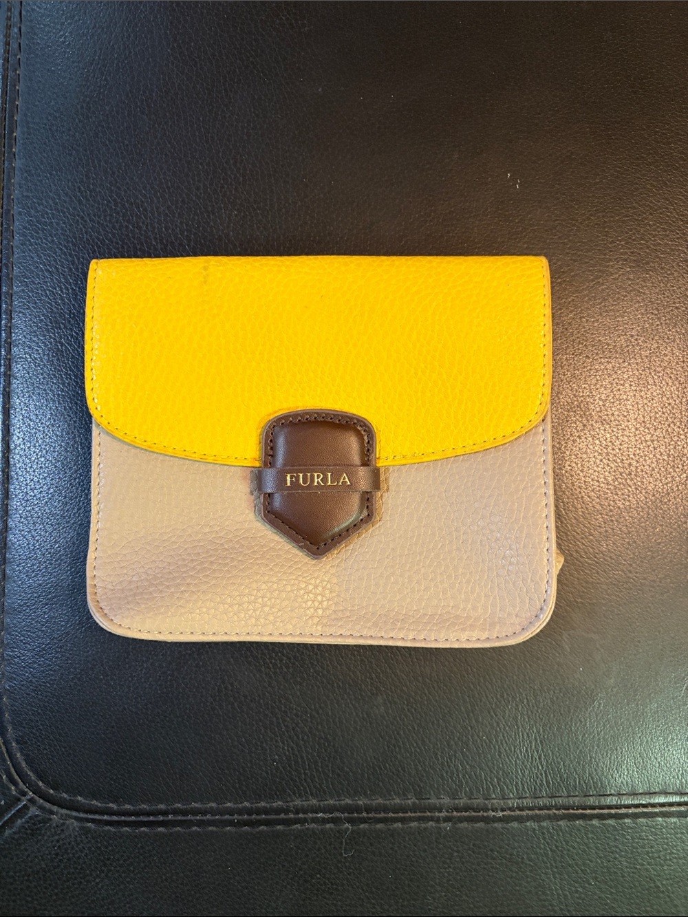 Furla Yellow, Beige & Brown Leather Mini Crossbody